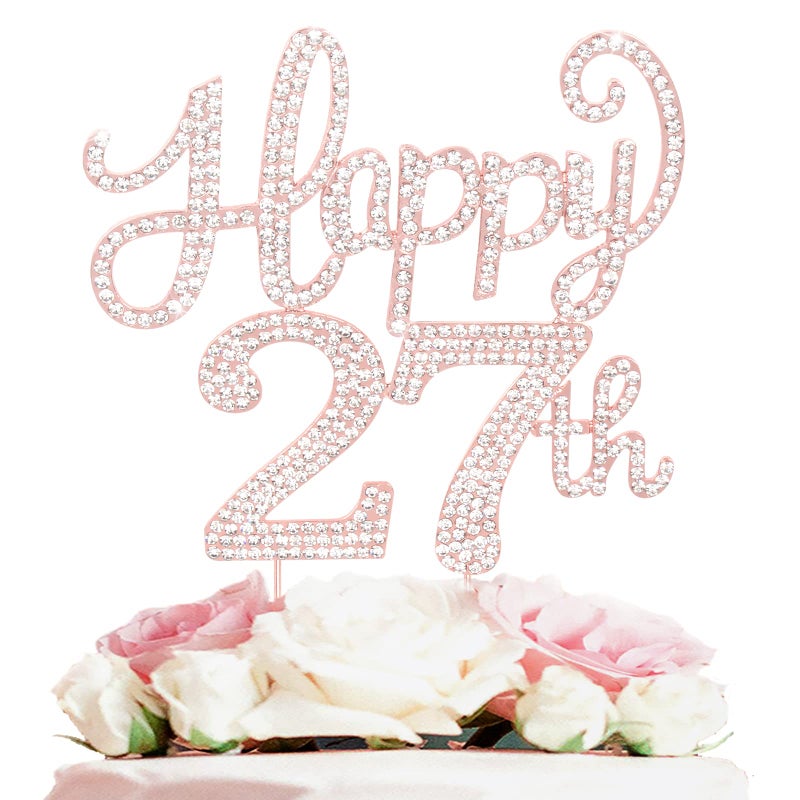LASKYER Happy 27th Birthday Rose Gold Rhinestone Cake Topper - 27th Birthday/Anniversary,Cheers to 27 Years Old Bday Party Metal Sparkly Centerpieces Decorations. - Image 1
